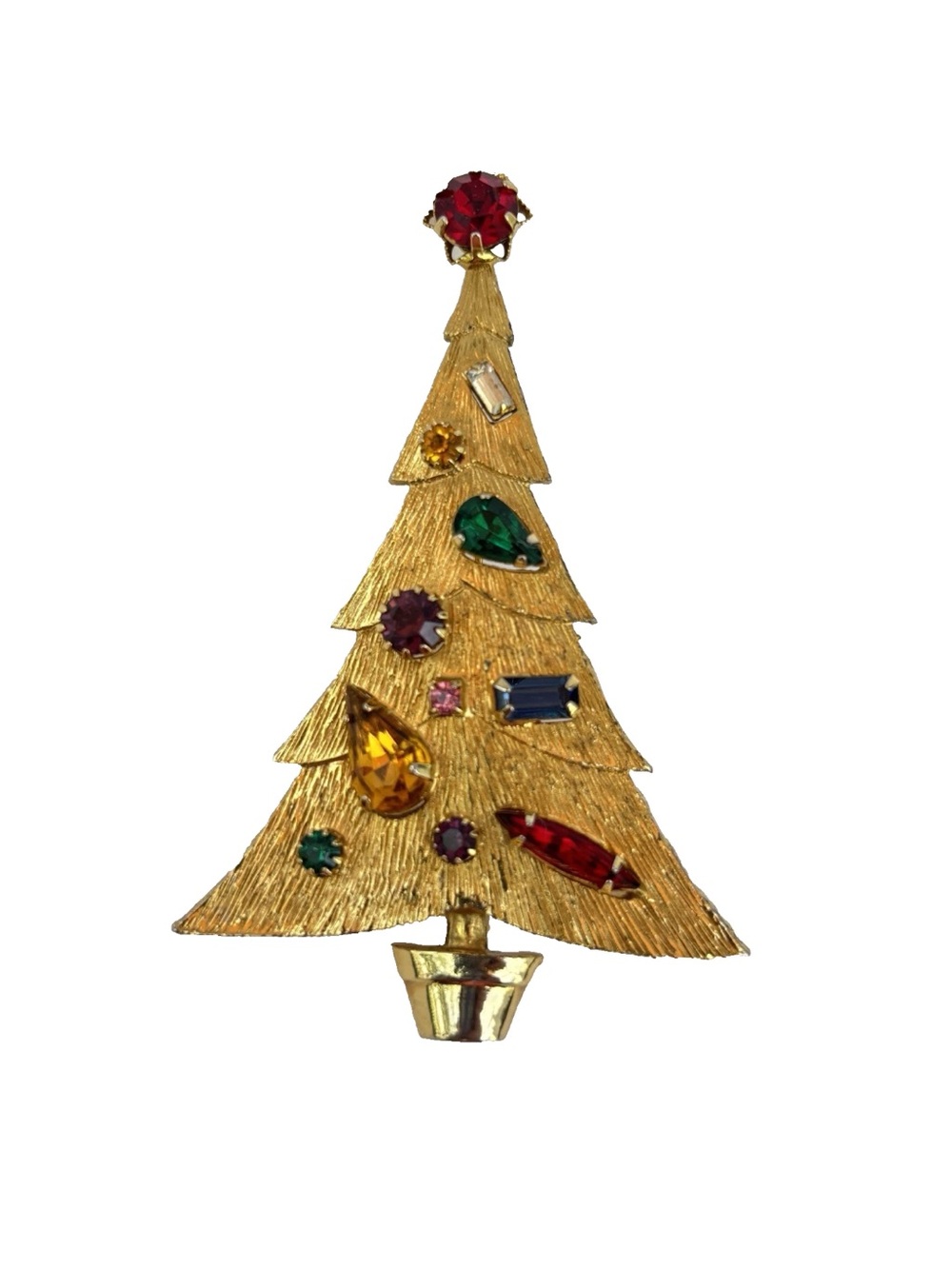 Vintage Christmas Tree Brooch Brushed Gold tone Jewel Tones Stones 2-7/8"